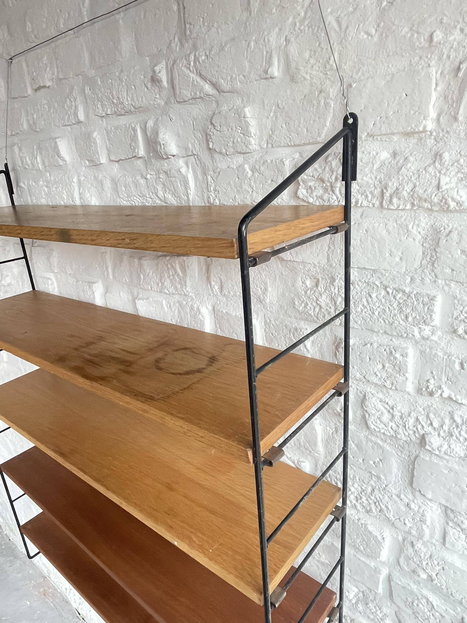 Scandinavian vintage wall shelf String real large model with 5 wood and black metal boards