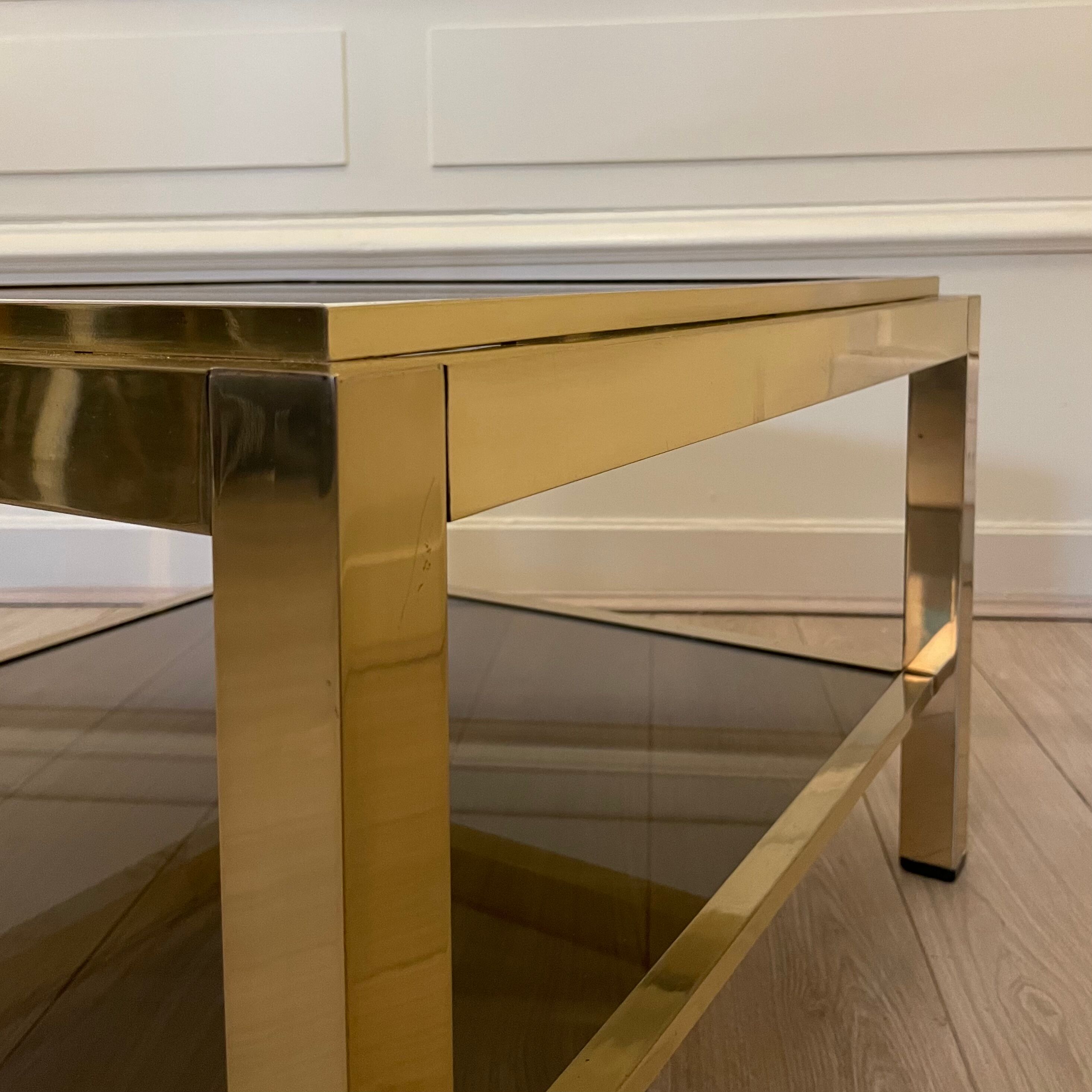Brass coffee table, double trays in smoked glass, 1970