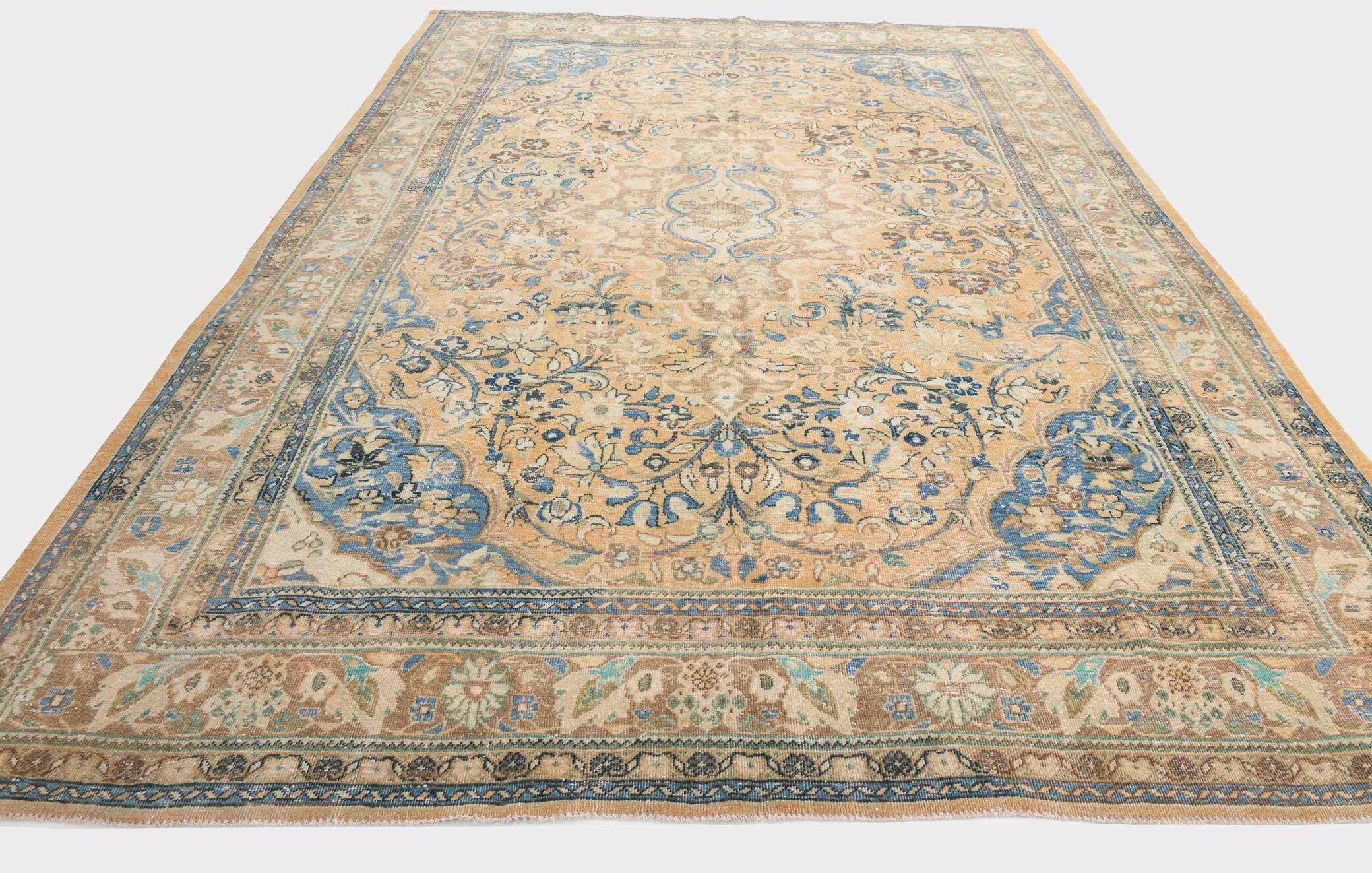 Tapis Persan Ancien Grand Format – Laine Nouée Main, Tons Beige & Bleu