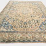 Tapis Persan Ancien Grand Format – Laine Nouée Main, Tons Beige & Bleu