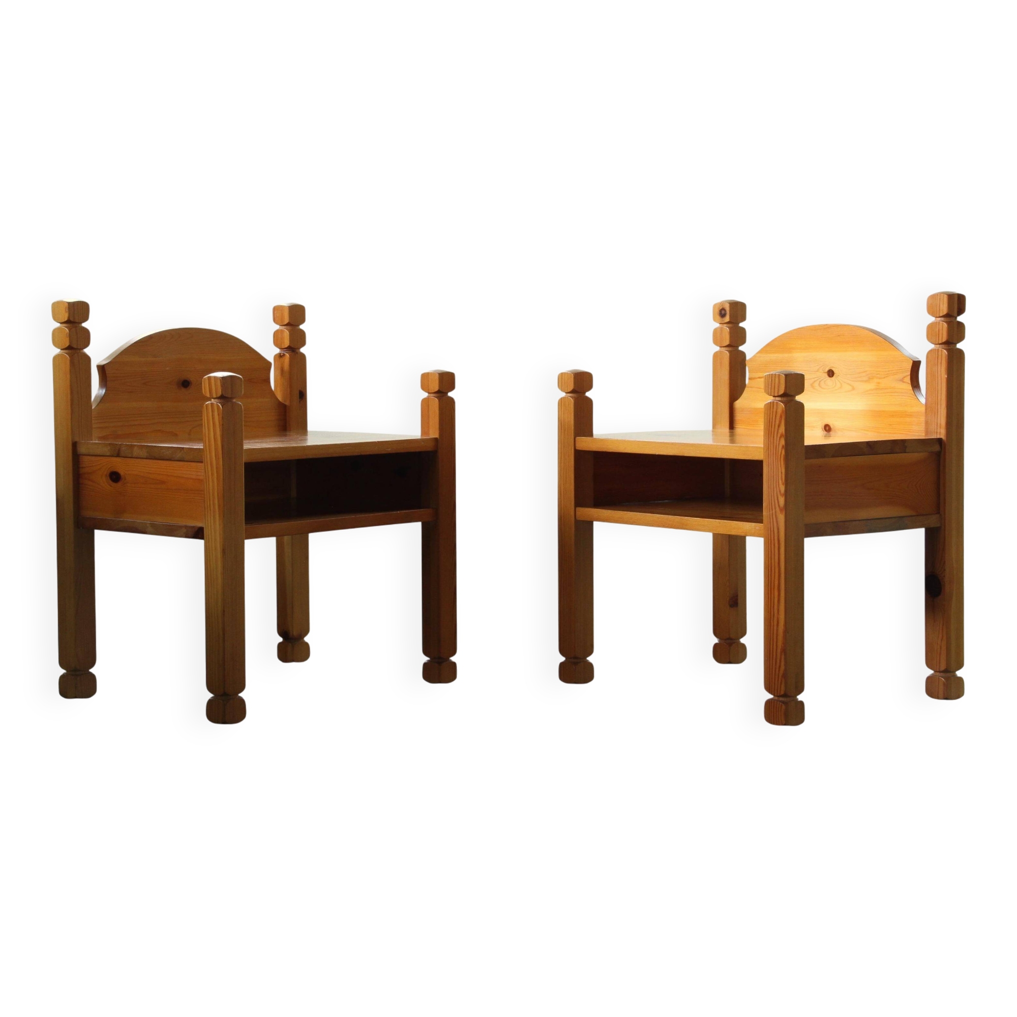 Pair of vintage chunky solid pine bedside tables, Denmark, 1970s
