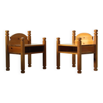 Pair of vintage chunky solid pine bedside tables, Denmark, 1970s