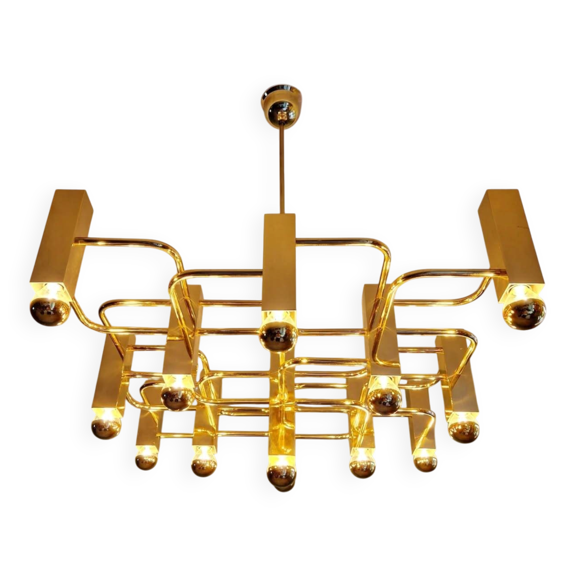 Geometric brass chandelier, design G. Sciolari, Boulanger, 1970