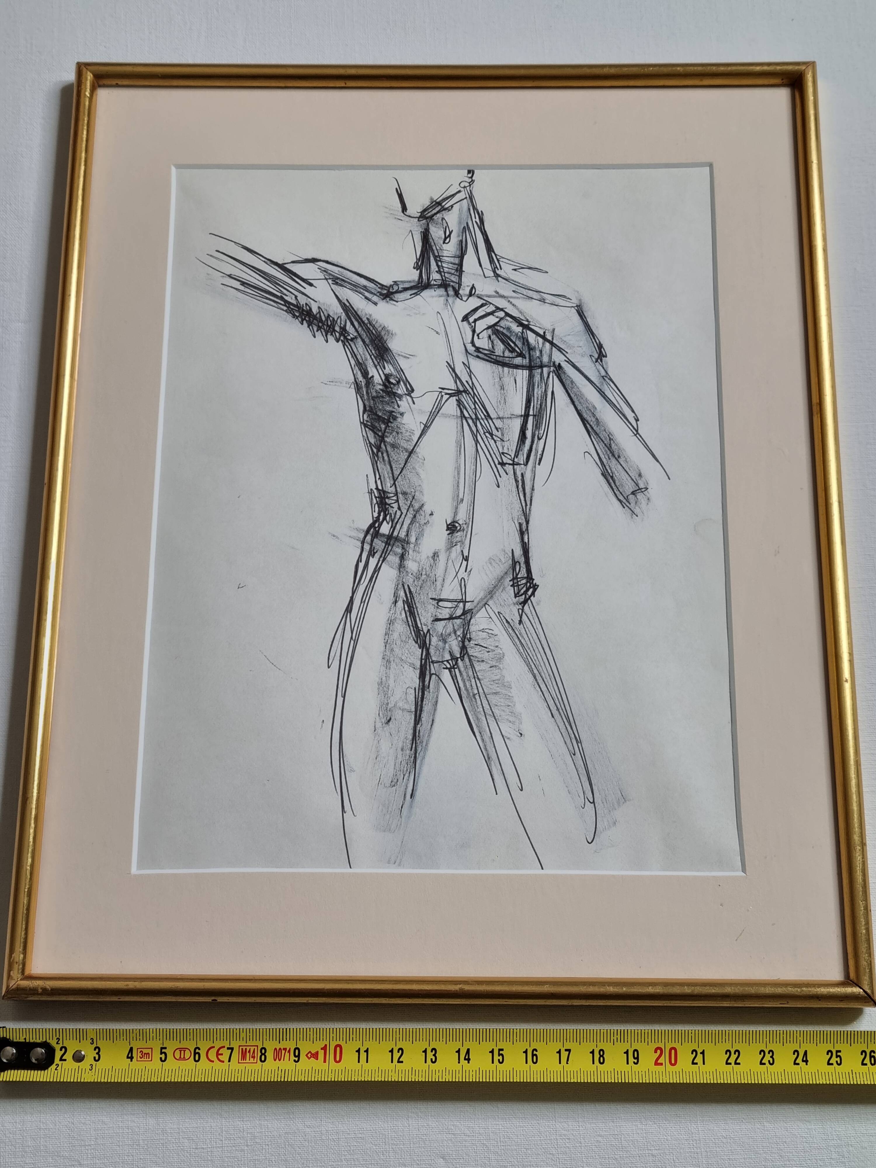 Charcoal study of a male nude, attributed to Maurice de Bus, gilded frame, 26 x 32 cm