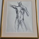 Charcoal study of a male nude, attributed to Maurice de Bus, gilded frame, 26 x 32 cm