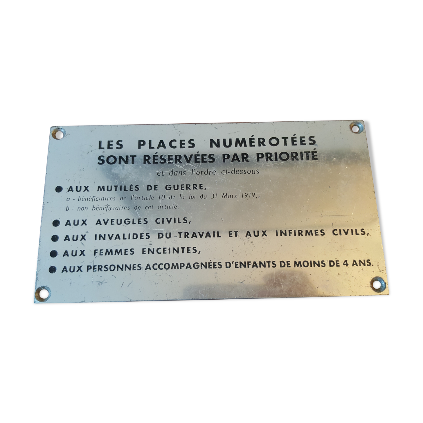 Ancienne plaque métallique places réservées mutilés de guerre transport en commun sncf