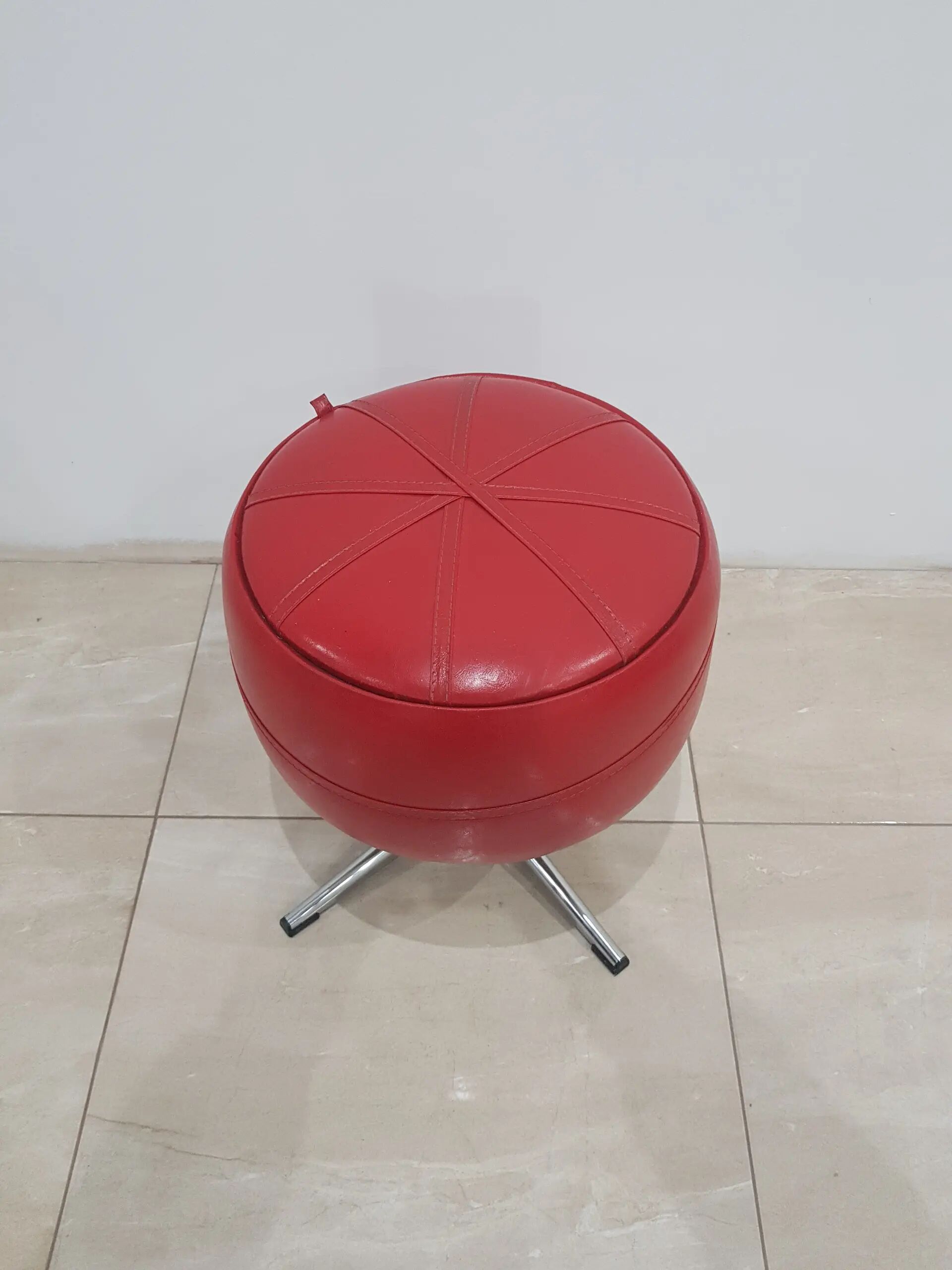 Pouf with storage function, red vinyl, chrome, Germany, 1960s