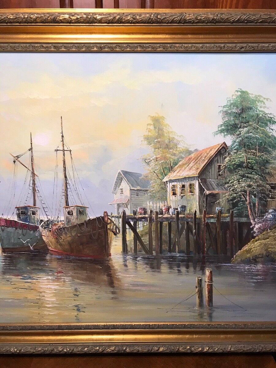 Oil on canvas john luini marine view boats + golden frame