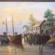 Oil on canvas john luini marine view boats + golden frame