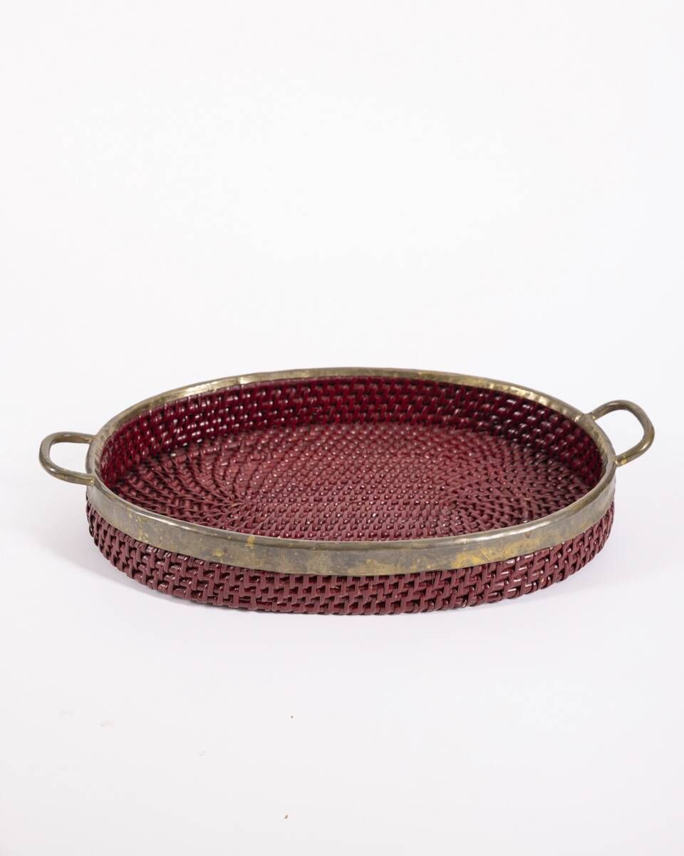 Vintage 1970s Wicker and Brass Tray, Italian Design