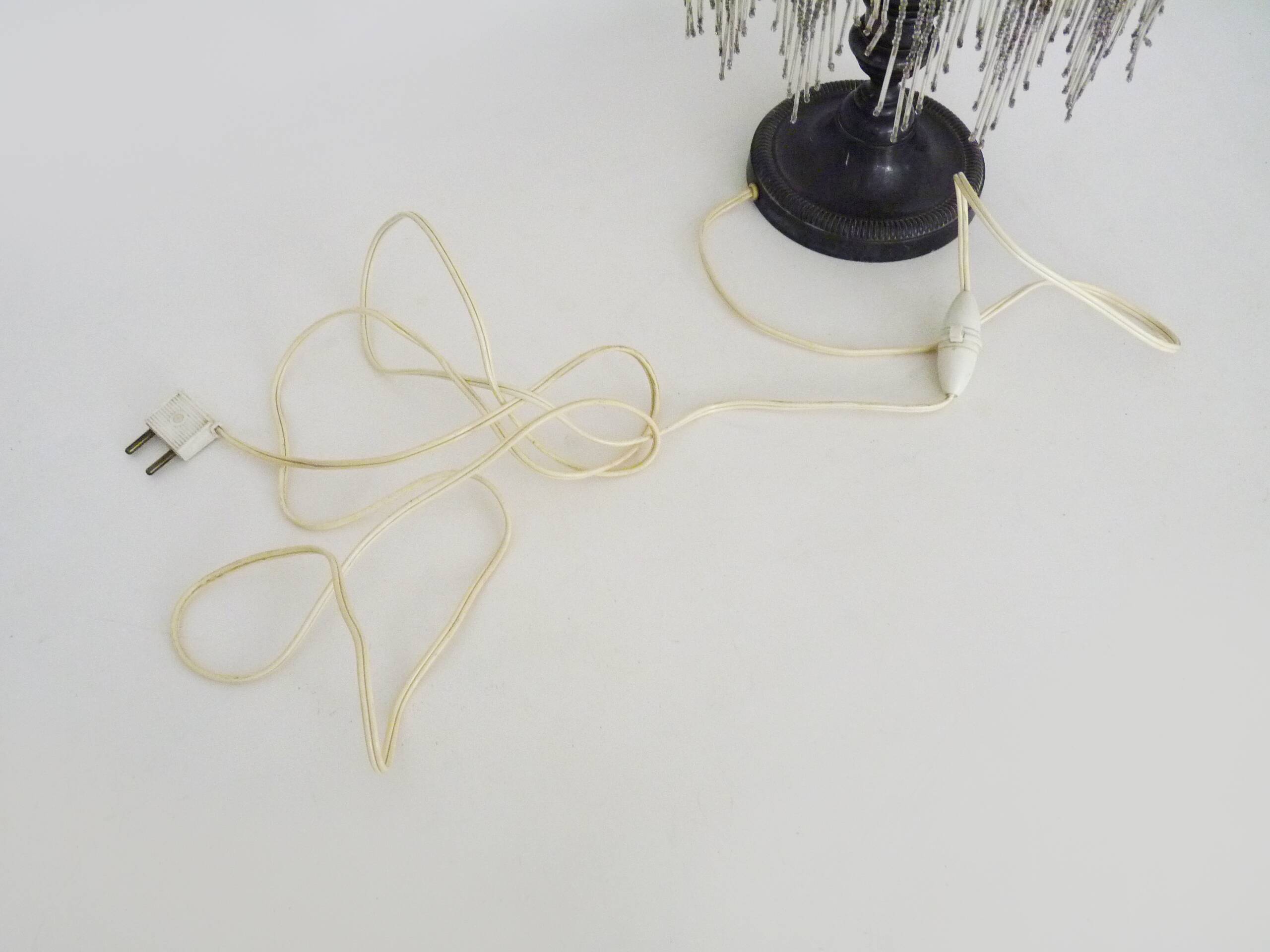 Table lamp, bedside lamp, silver metal base, globe and beads