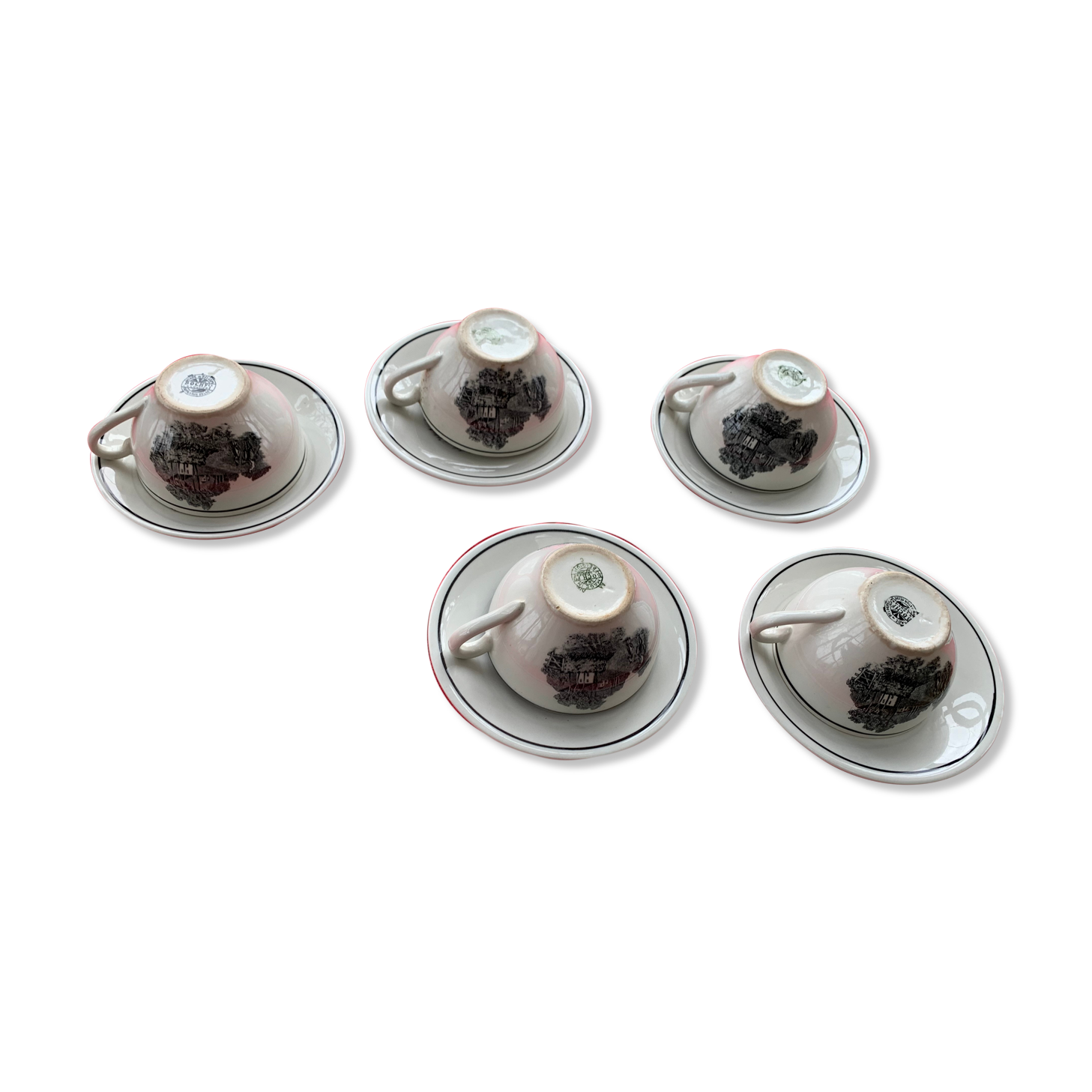 5 cups and 5 saucers La Louvière boch Belgium peasant scene art deco