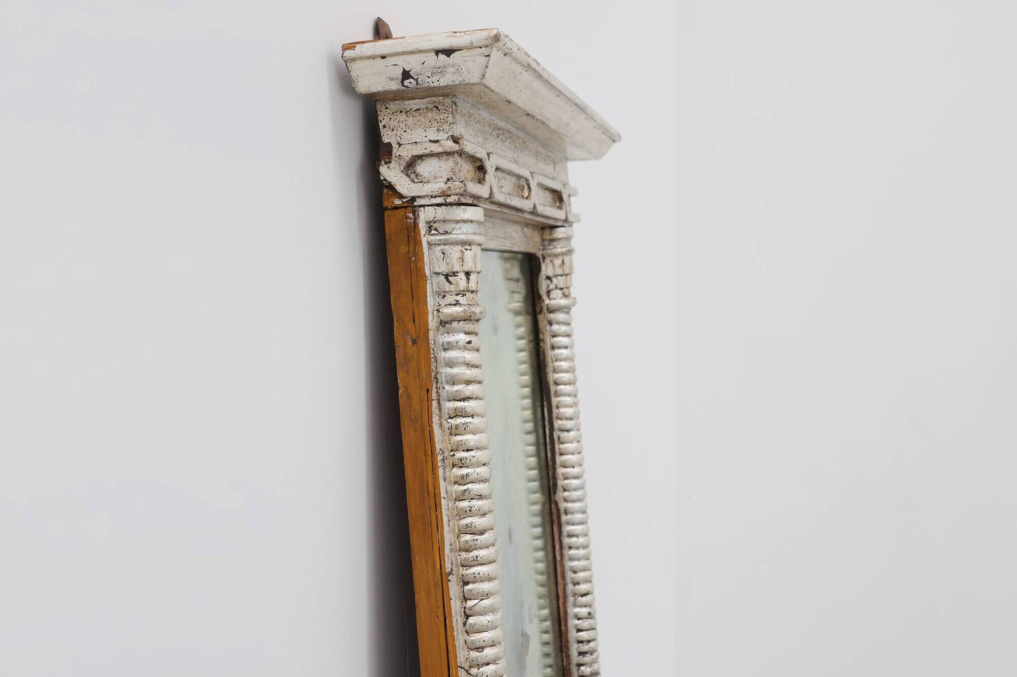 Neoclassical Silver Leaf Pier Mirror with Ringed Columns and Cornice, Italy
