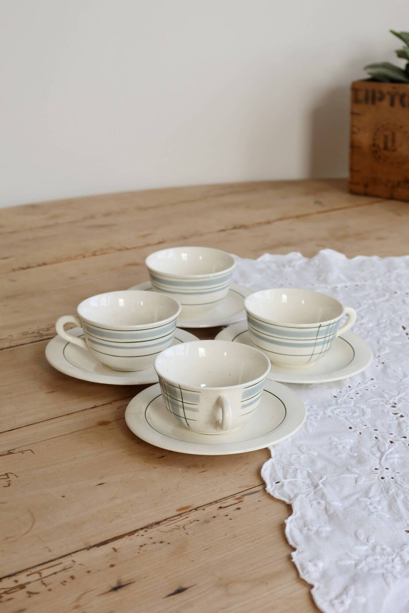 Vintage ceramic coffee cups Salins geometric pattern