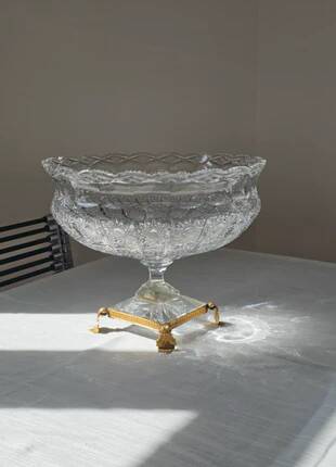Cut crystal bowl on a brass base in bohemian style.