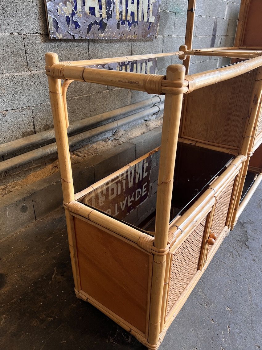 Bookcase, cannage in 3 modules and smoked glass trays - 70s