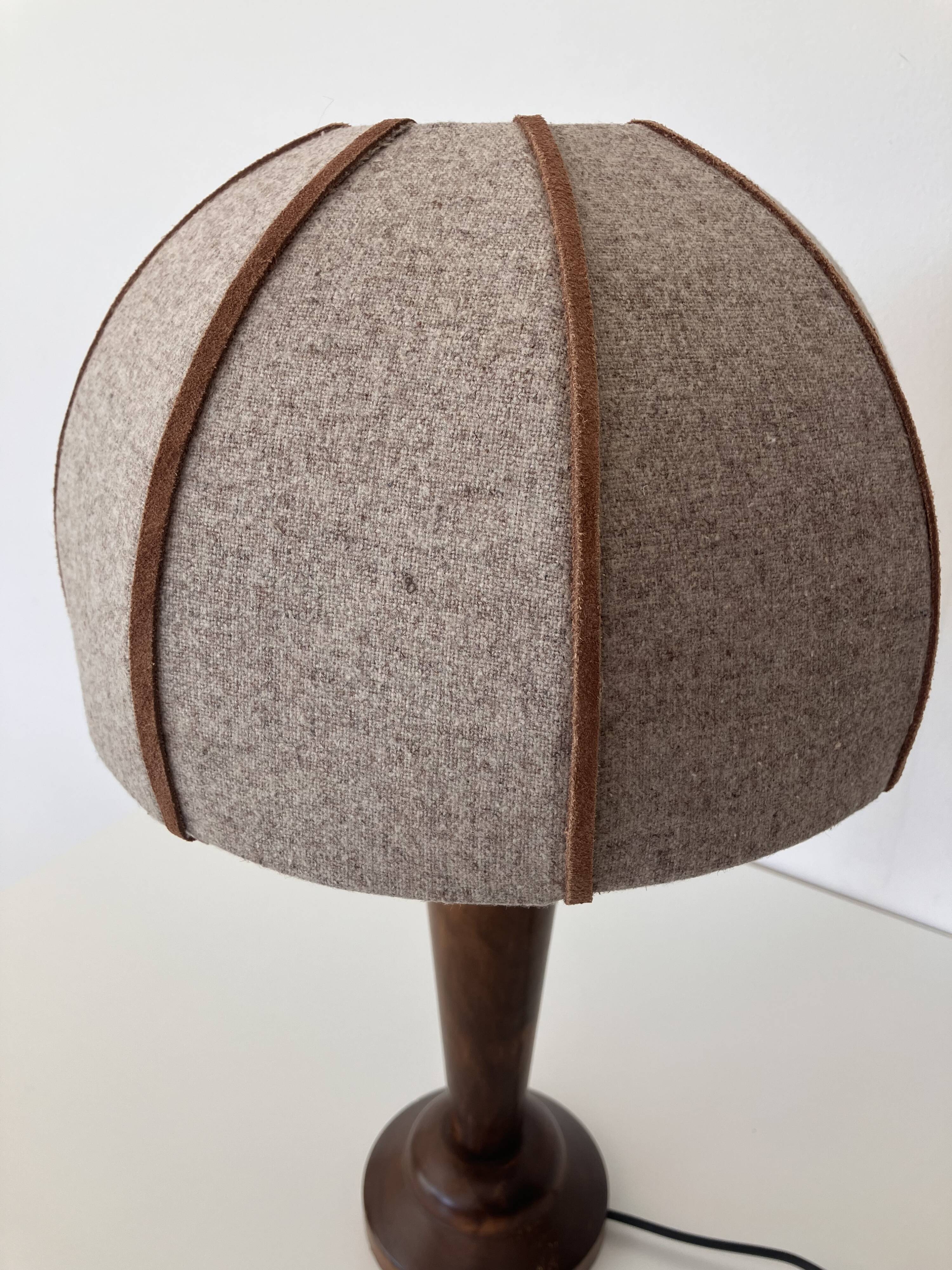 Wooden bedside lamp with a dome wool lampshade Mid Century