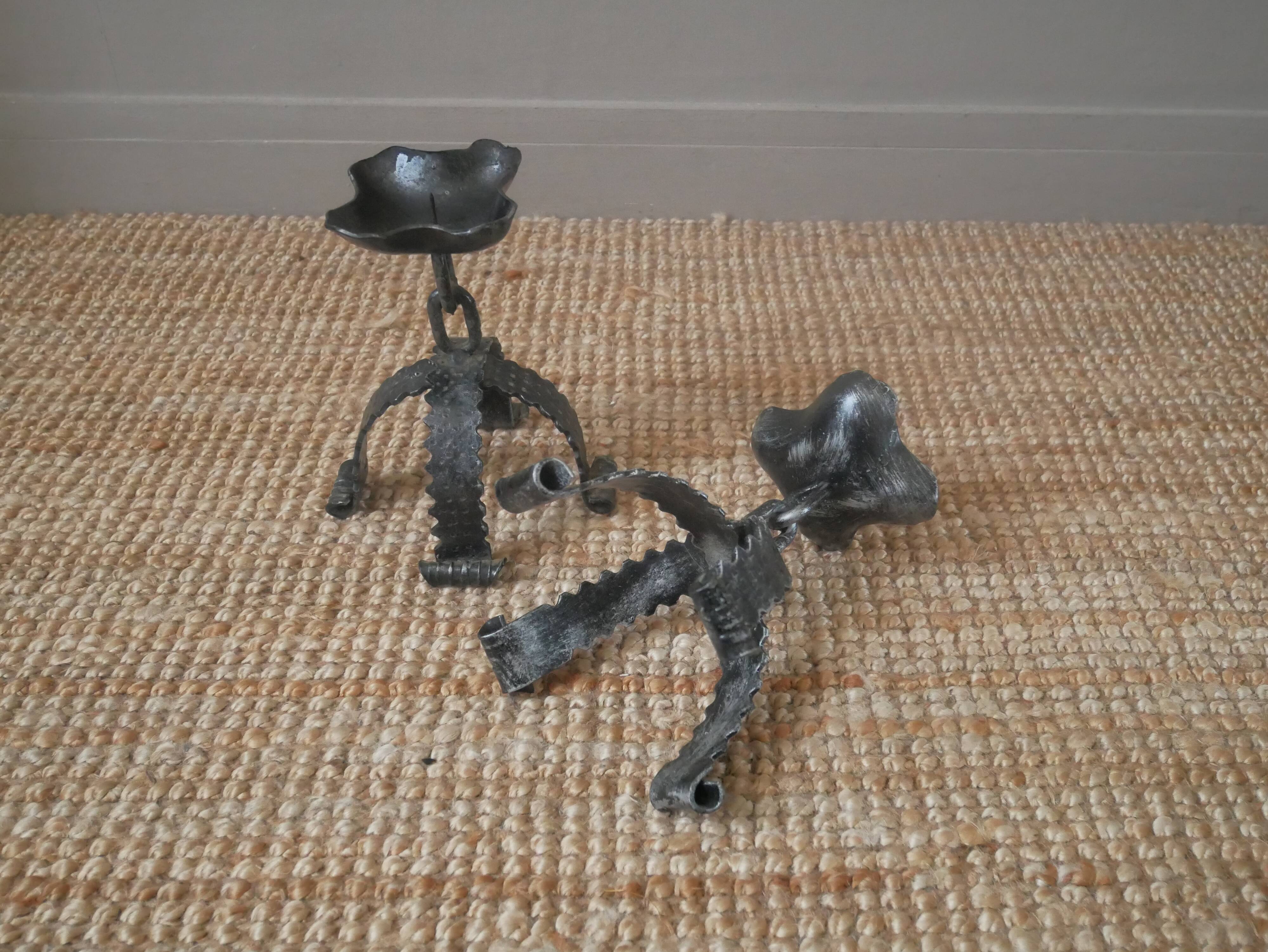 Pair of wrought iron candlesticks candelabra candlesticks handcrafted brutalist folk art