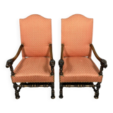 Pair of Louis XIII style armchairs in carved walnut circa 1850
