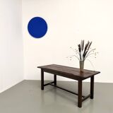 Solid pine workbench, grooved top, satin brown finish.