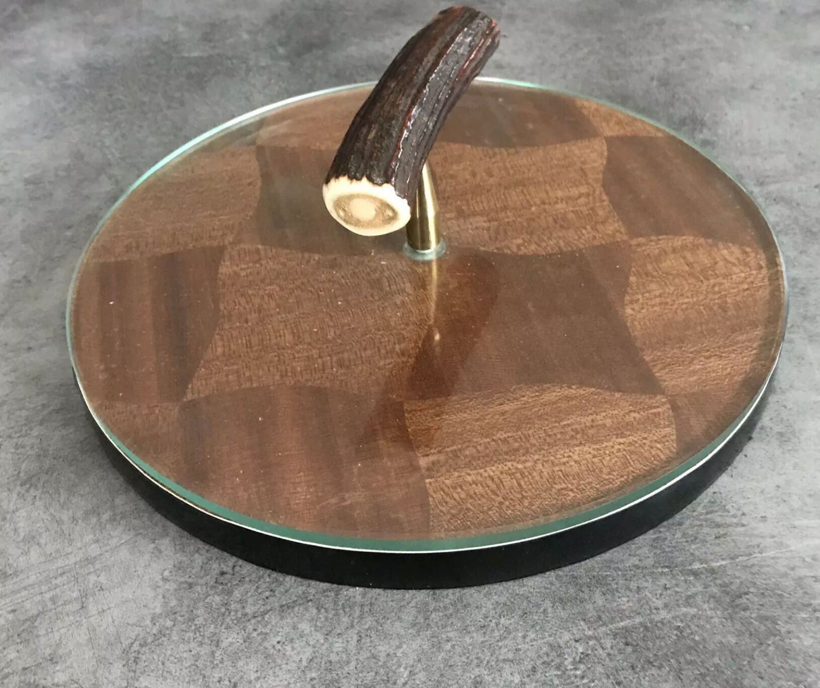 Cheese plat vintage rond marquetry plateau turning glass 28.5 cm