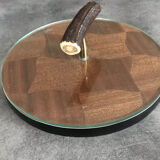 Cheese plat vintage rond marquetry plateau turning glass 28.5 cm