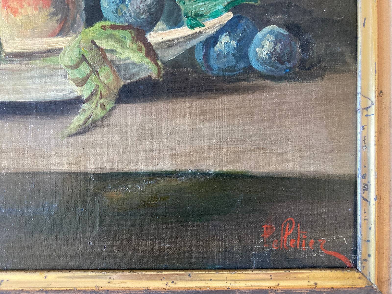 Old painting - dead natrue: fruit platter and asparagus - nineteenth - golden frame