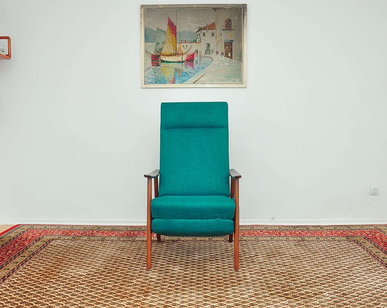 Turquoise armchair with folding footrest, 1960s