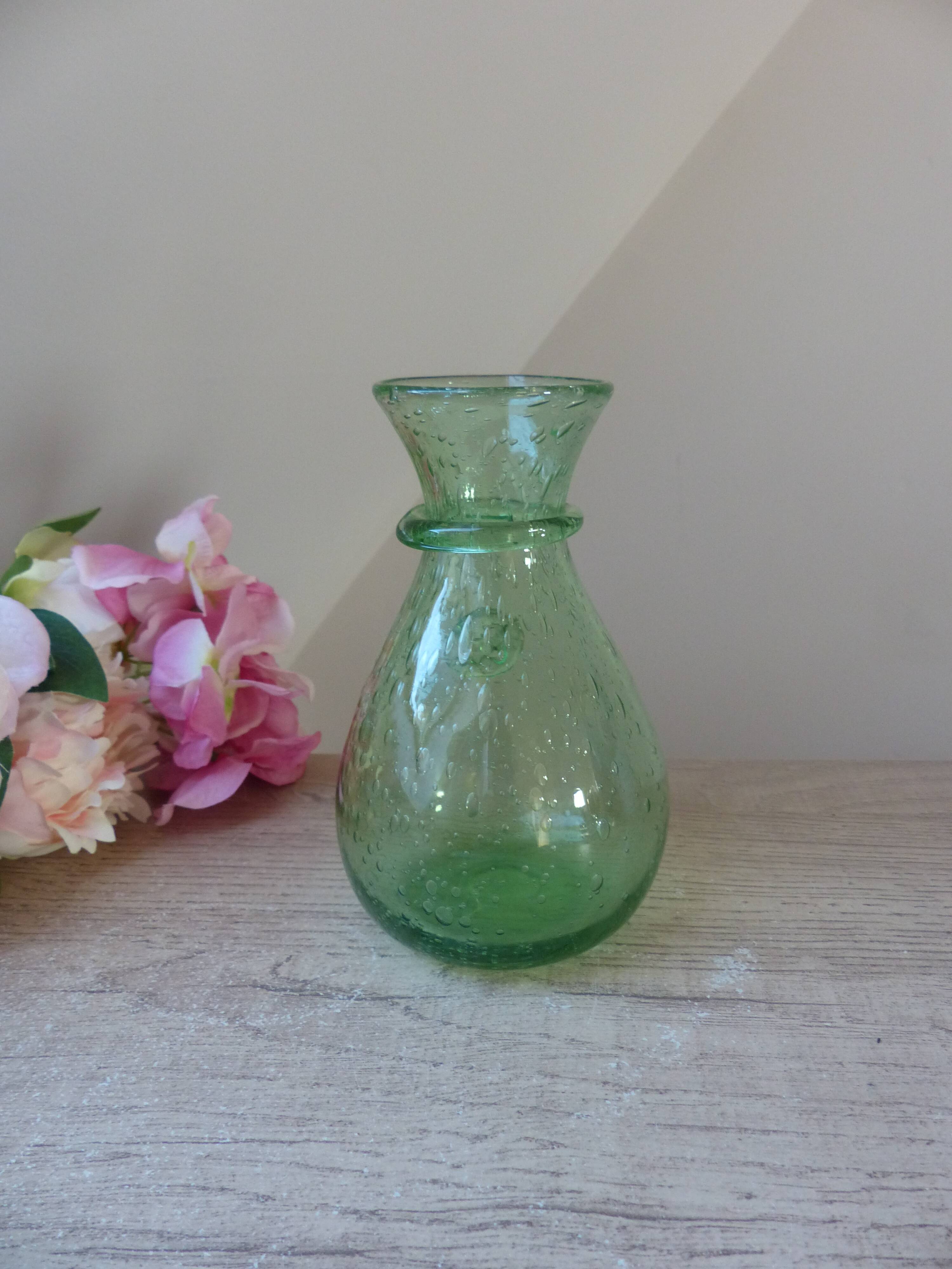 Small carafe in blown and bubble glass green color signed biot vintage