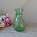 Small carafe in blown and bubble glass green color signed biot vintage