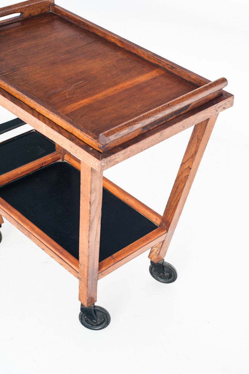 Vintage oak bar cart with removable tray. France 1950s.