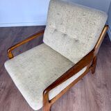 Vintage 80s Scandinavian armchair – wood and beige tweed