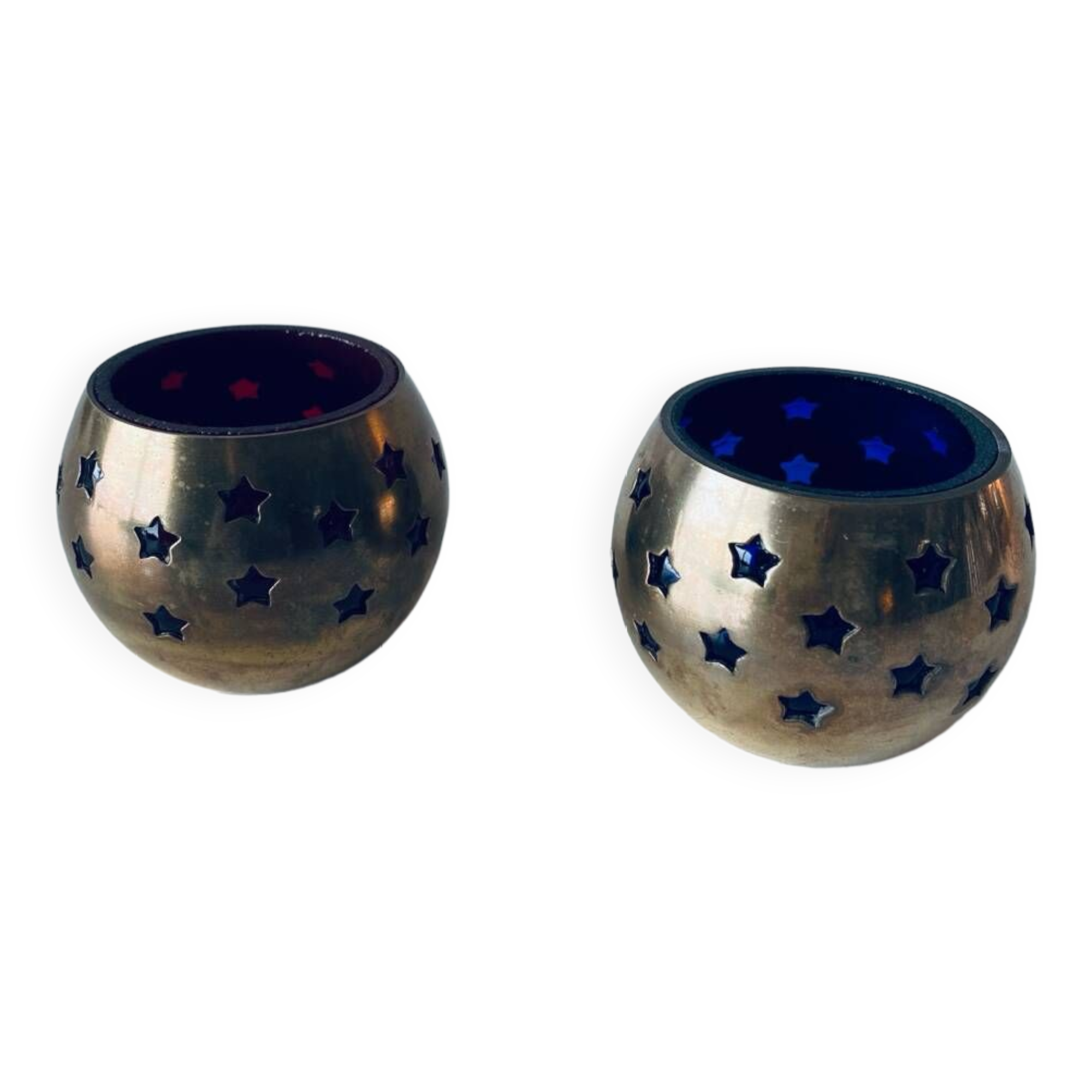 Pair of brass and glass tealight holders