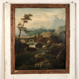 Trumeau orné d’une huile sur toile représentant un paysage animé, début XIXe