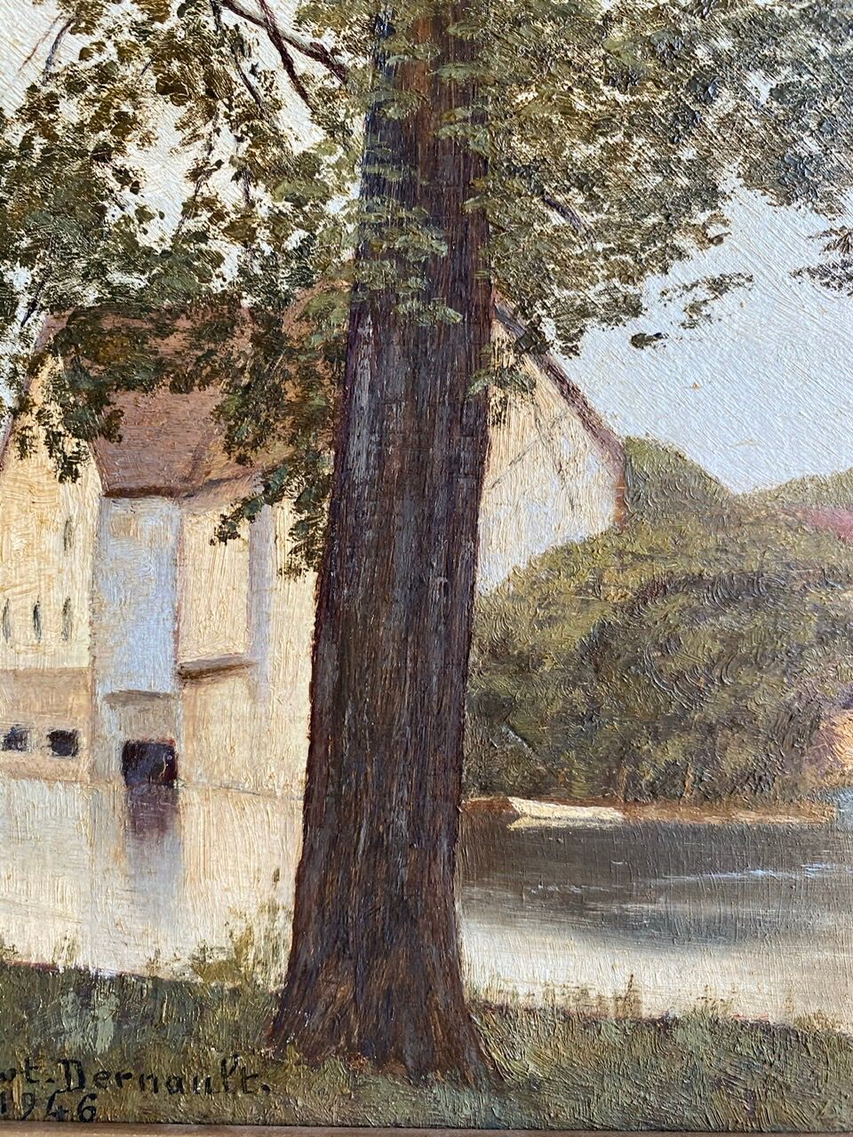 Ancient painting, landscape at the river signed and dated 1946