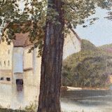Ancient painting, landscape at the river signed and dated 1946