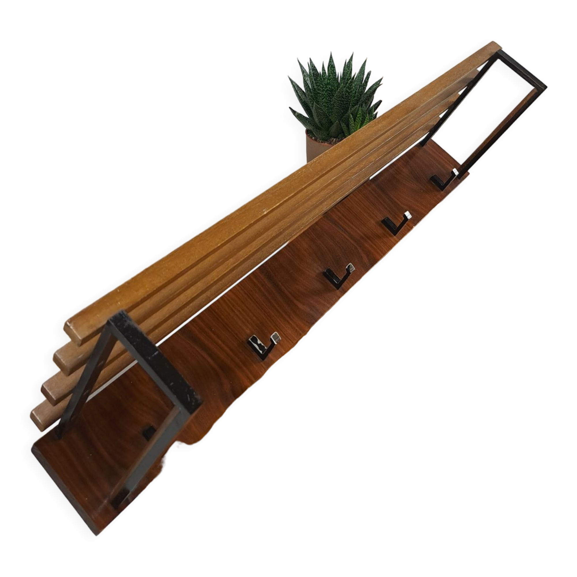 Wall coat rack with black steel and dark wood vintage