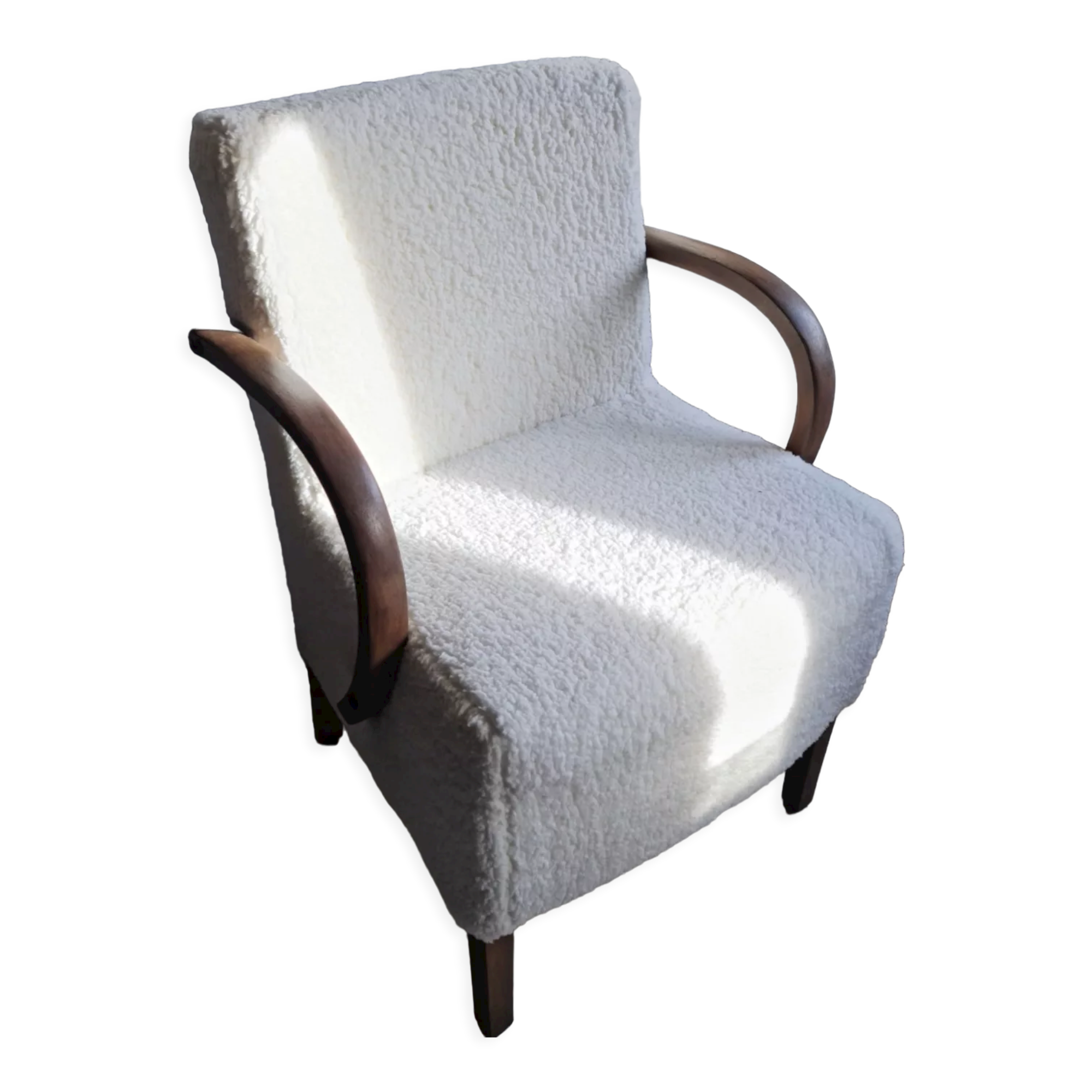 Armchair completely redone moumoute fabrics matching rectangular cushion woodwork mink color