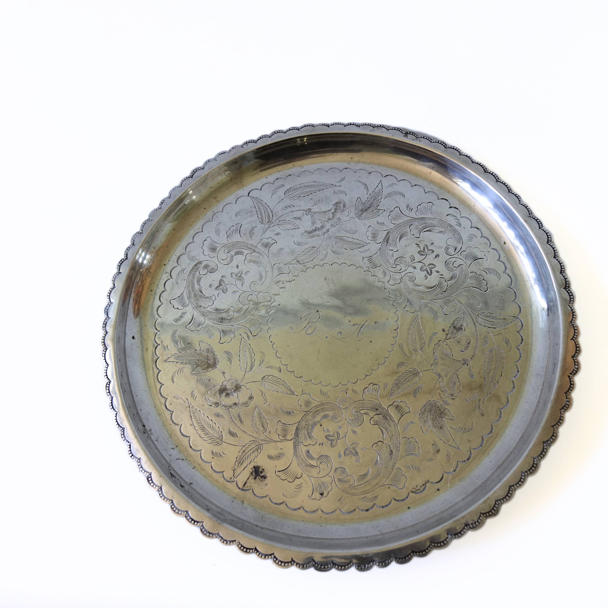 Unique Antique silver plated tray with small round feet and stunning engravings: BA from Sweden lat