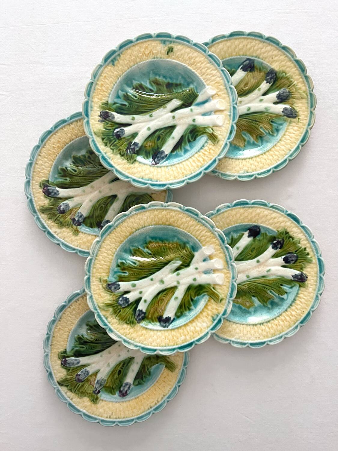 6 antique asparagus plates in Salins faience barbotine