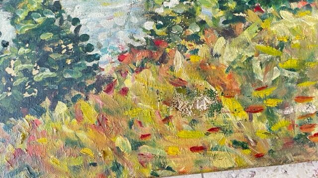 Oil on canvas landscape with 2 boats