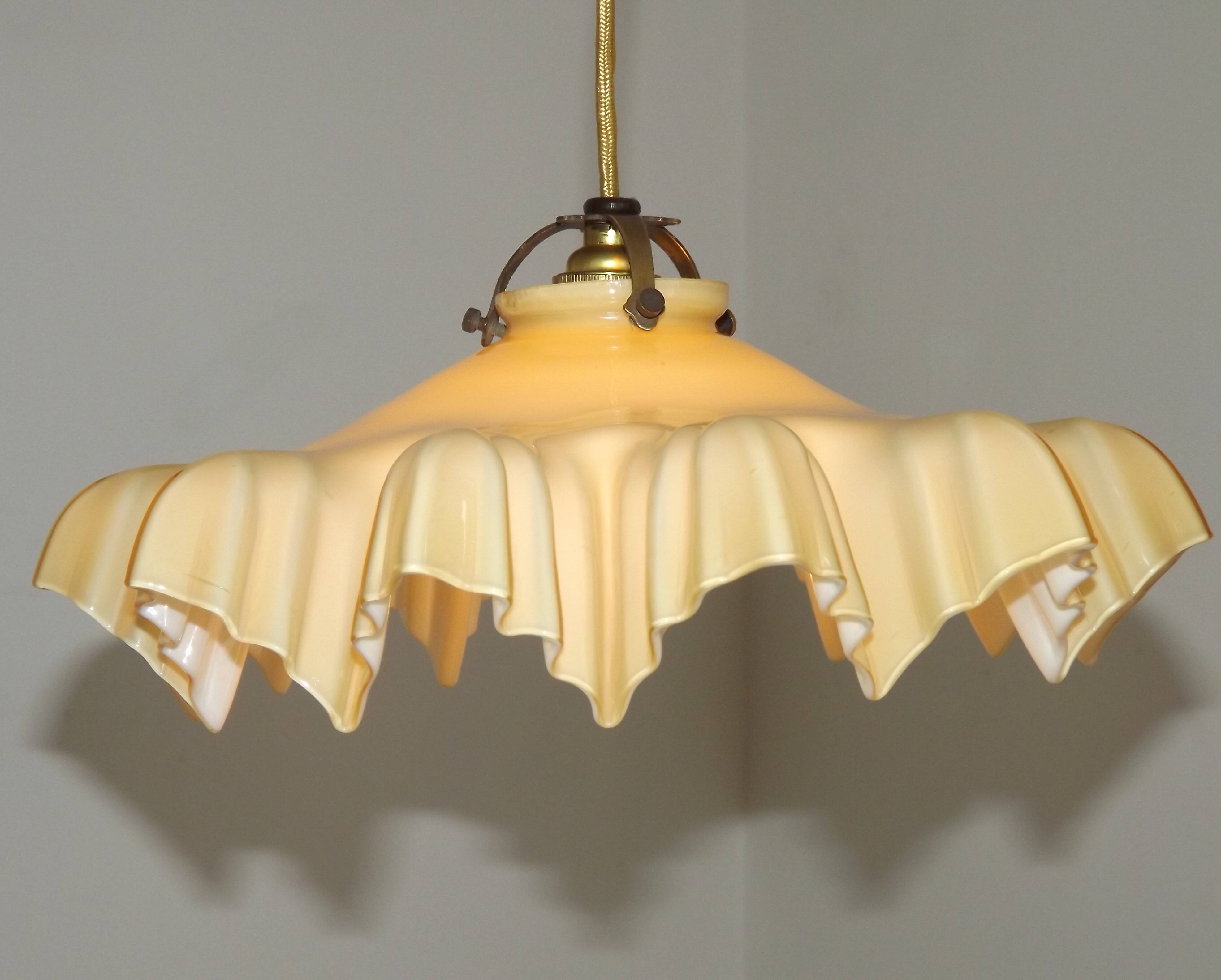 Vintage French Art Deco Yellow & White Glass Pendant Light Frilled 5495