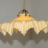 Vintage French Art Deco Yellow & White Glass Pendant Light Frilled 5495