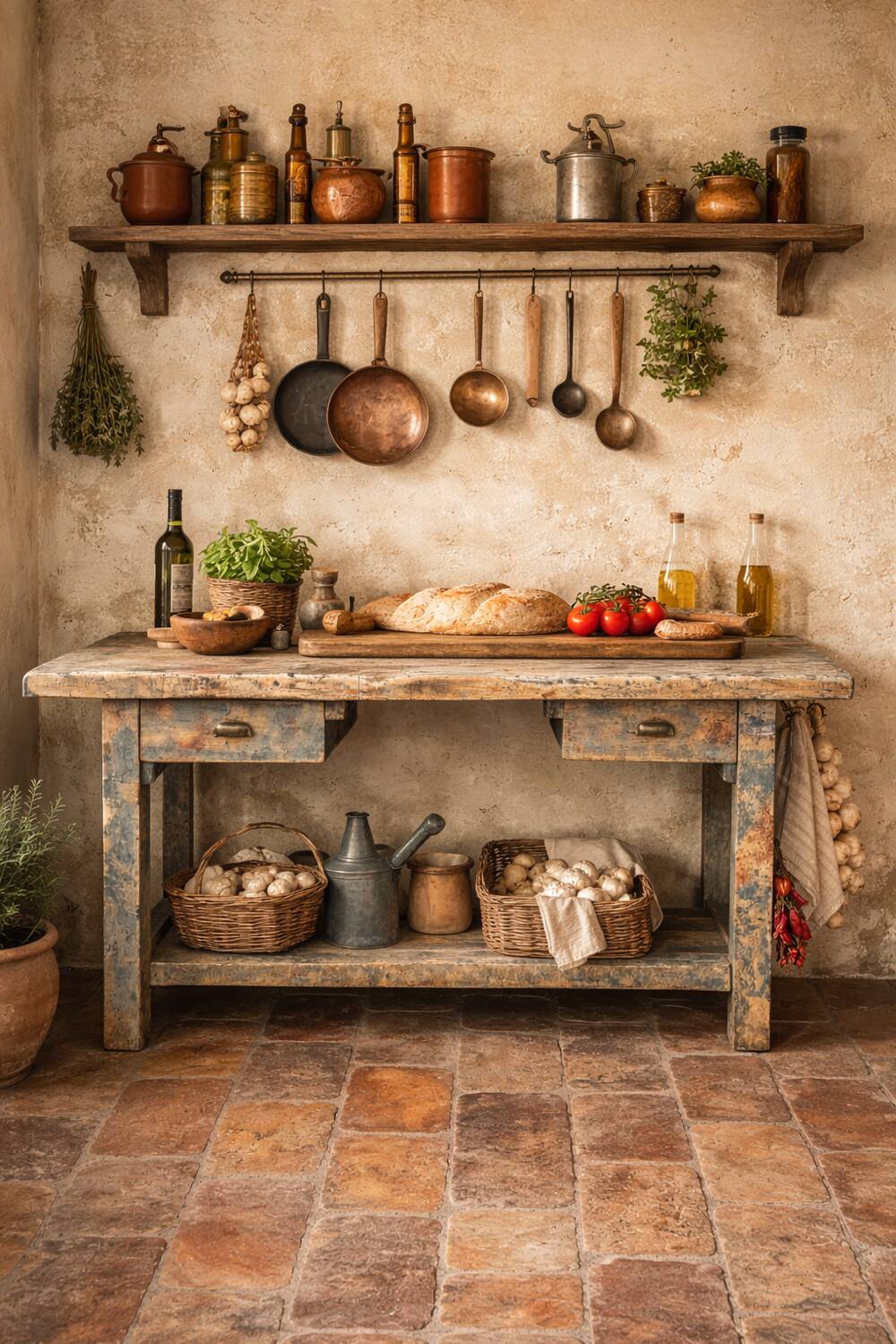 Blue patina beech drawer console established in 1940.
