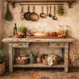 Blue patina beech drawer console established in 1940.