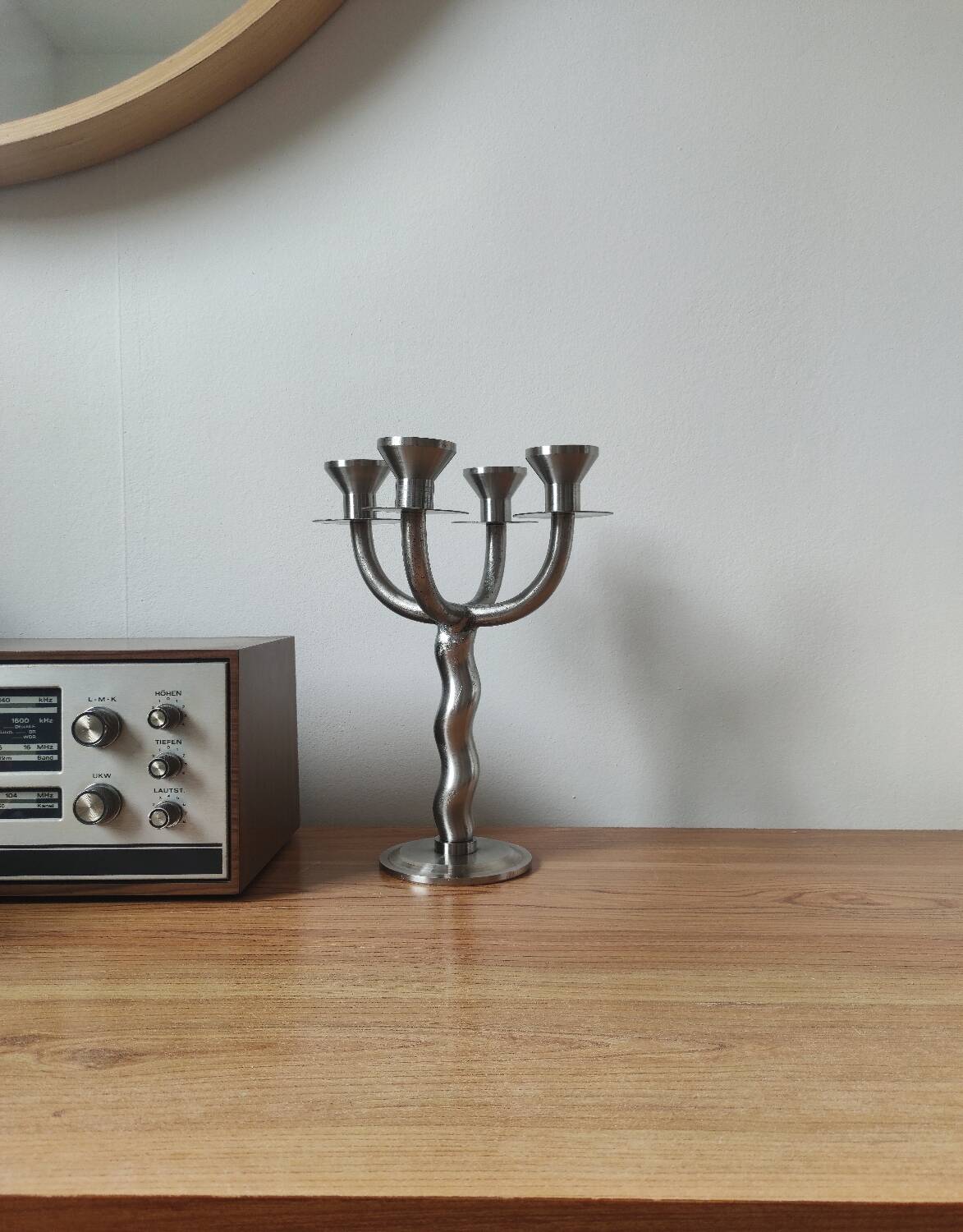 Vintage brutalist chandelier with 4 lights in brushed metal.