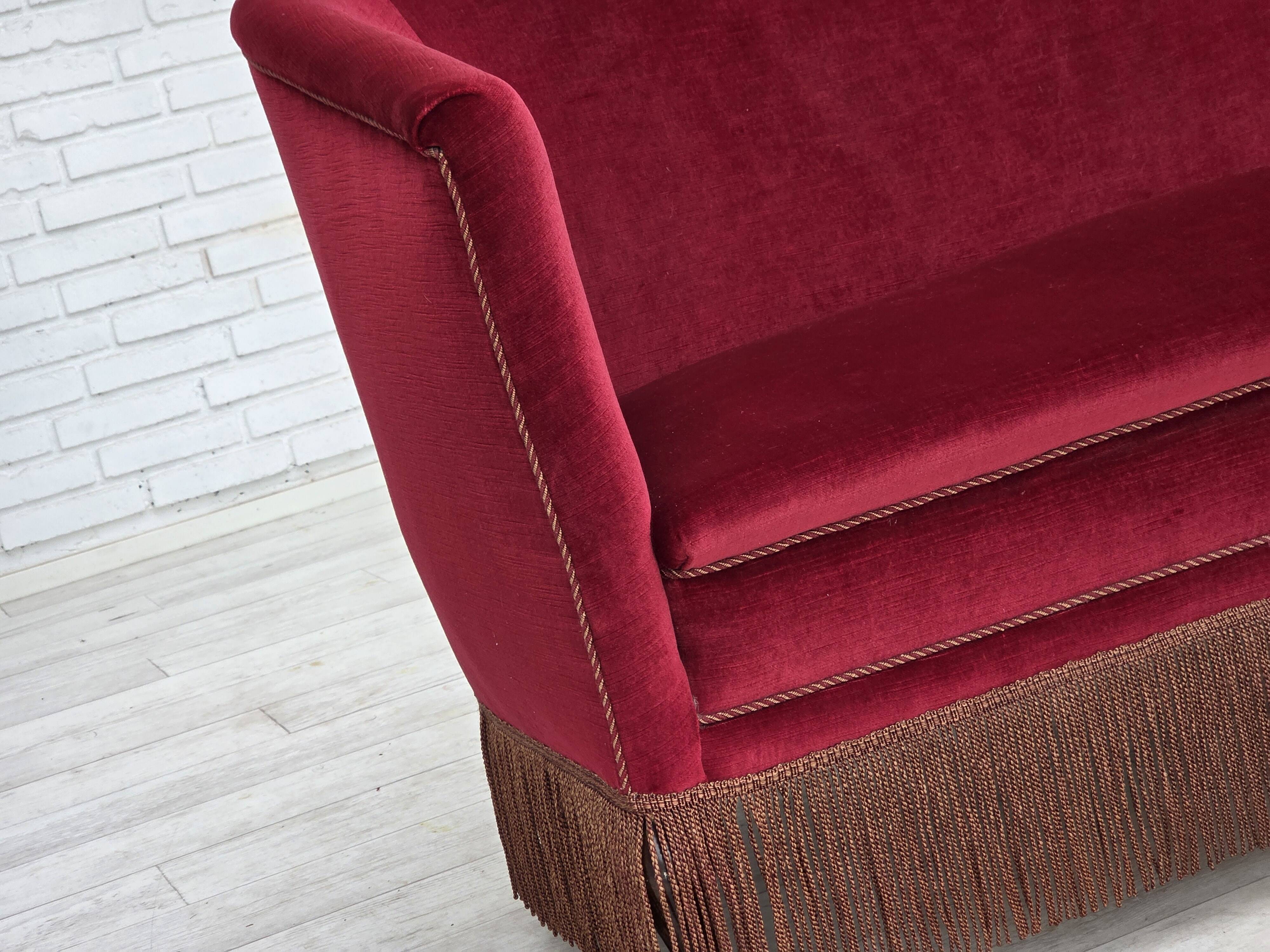 1960s, Danish 2-seater sofa, red furniture velour, ash wood legs.
