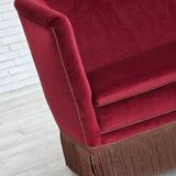 1960s, Danish 2-seater sofa, red furniture velour, ash wood legs.