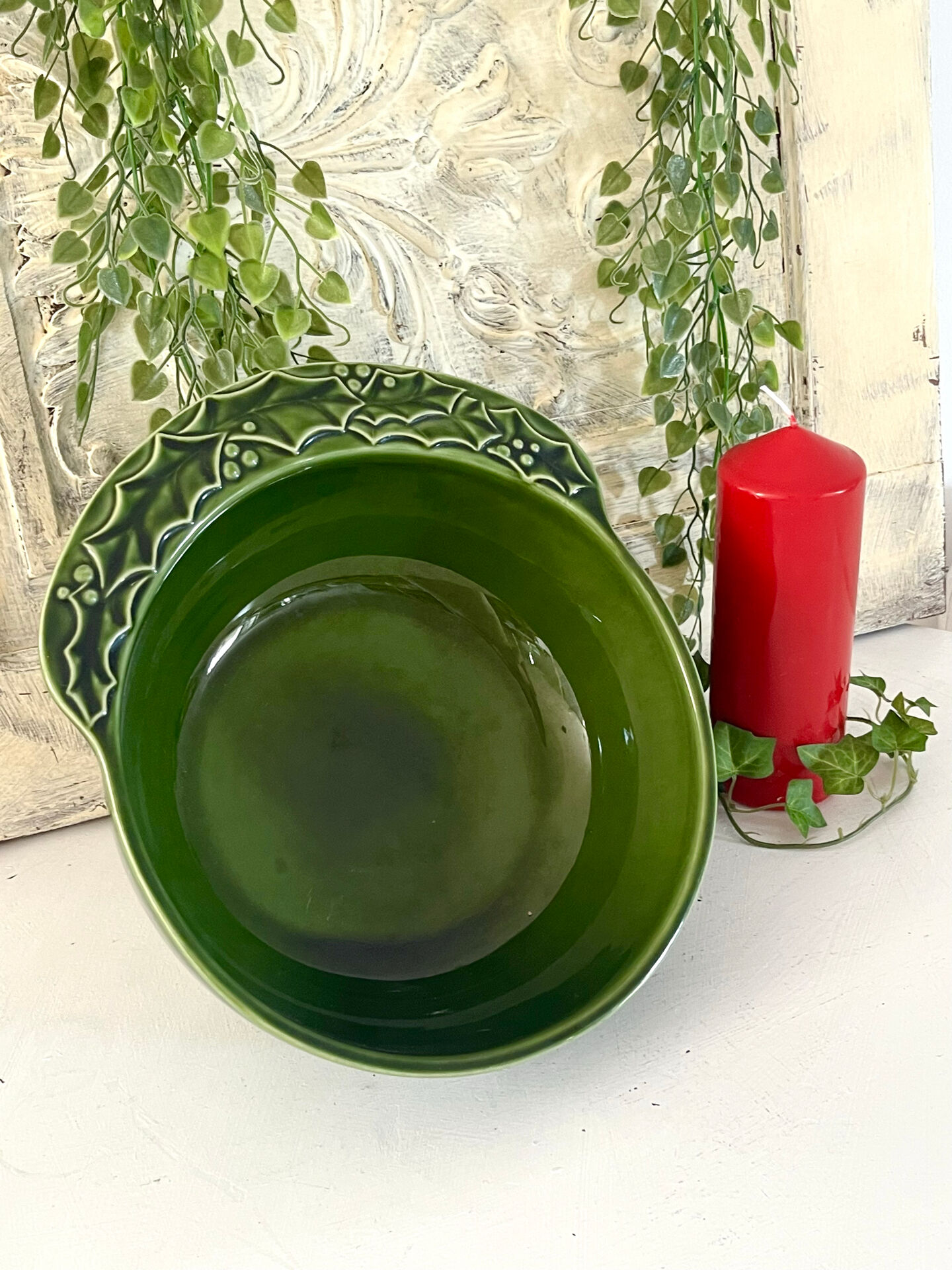 Christmas serving bowl, French BCI holly ceramic bowl, green glazed