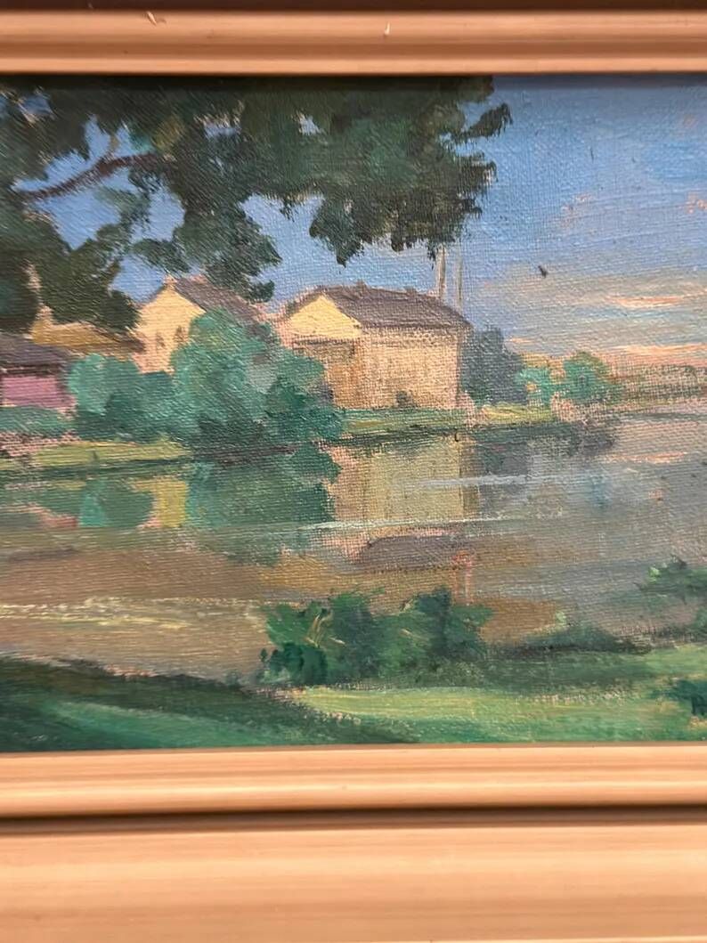 Original Oil on Canvas – “House near The Lake” by Fern I. Coppedge – Signed – Vintage & Framed – 30 × 24 cm (11.8" × 9.4")